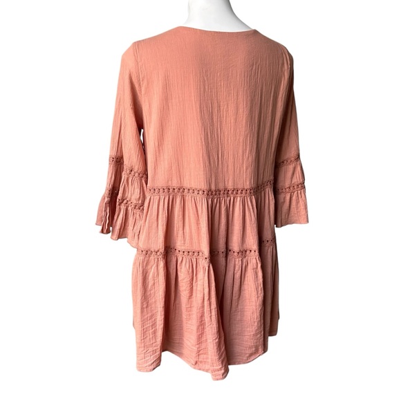 Listicle Boho V-Neck Tiered Bell Sleeve Cotton Mini Dress, Sz M - Picture 2 of 15